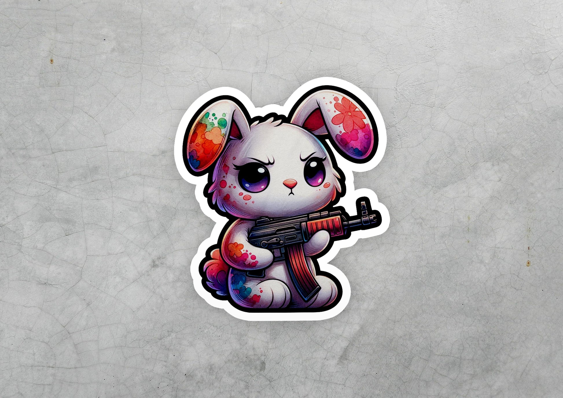 a sticker of a bunny with a gun