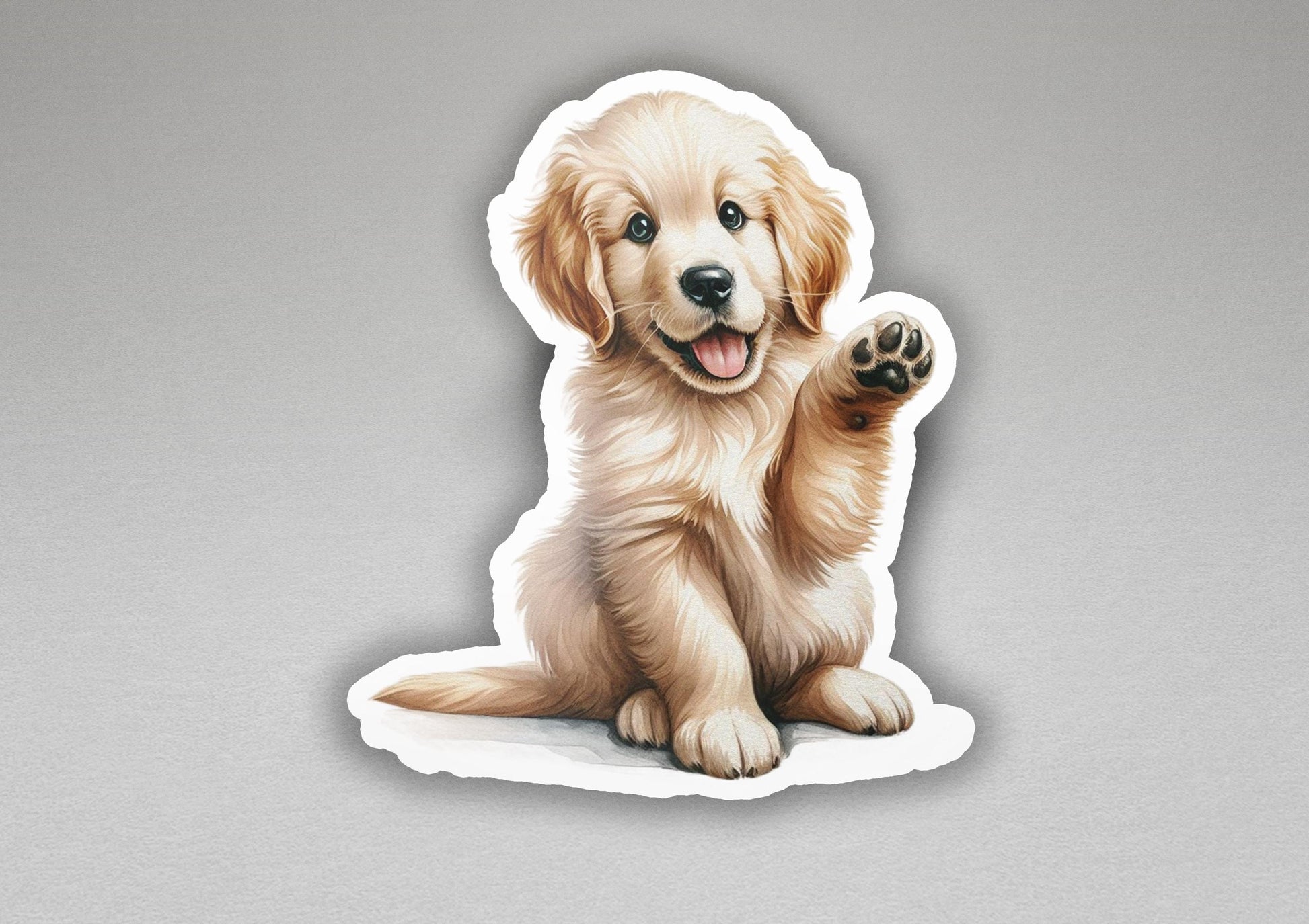 a sticker of a golden retriever puppy sitting on its hind legs