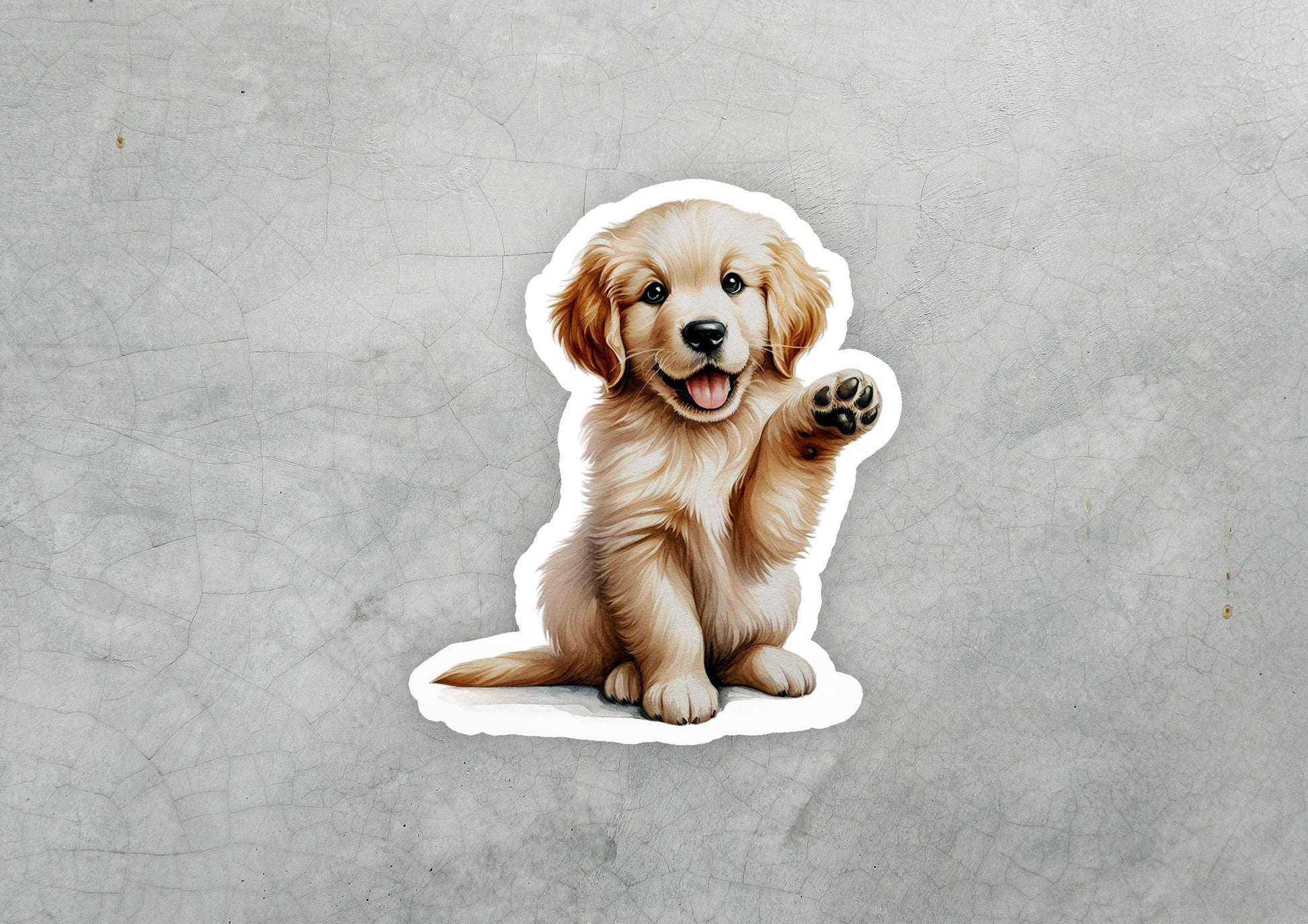 a sticker of a golden retriever puppy sitting on the ground