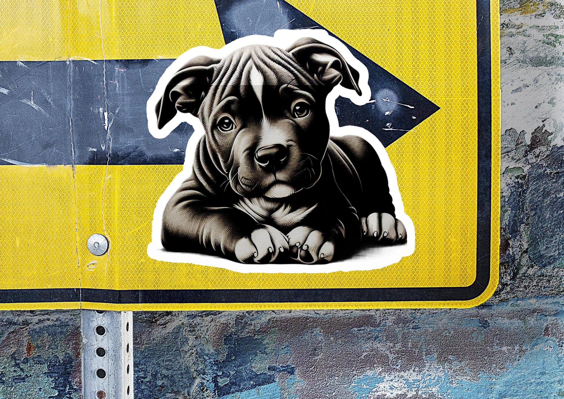a sticker of a dog laying down on a street sign