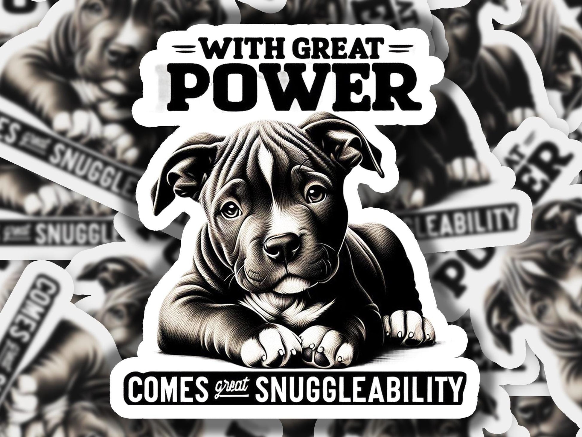 a sticker of a dog with the words, with great power comes the s