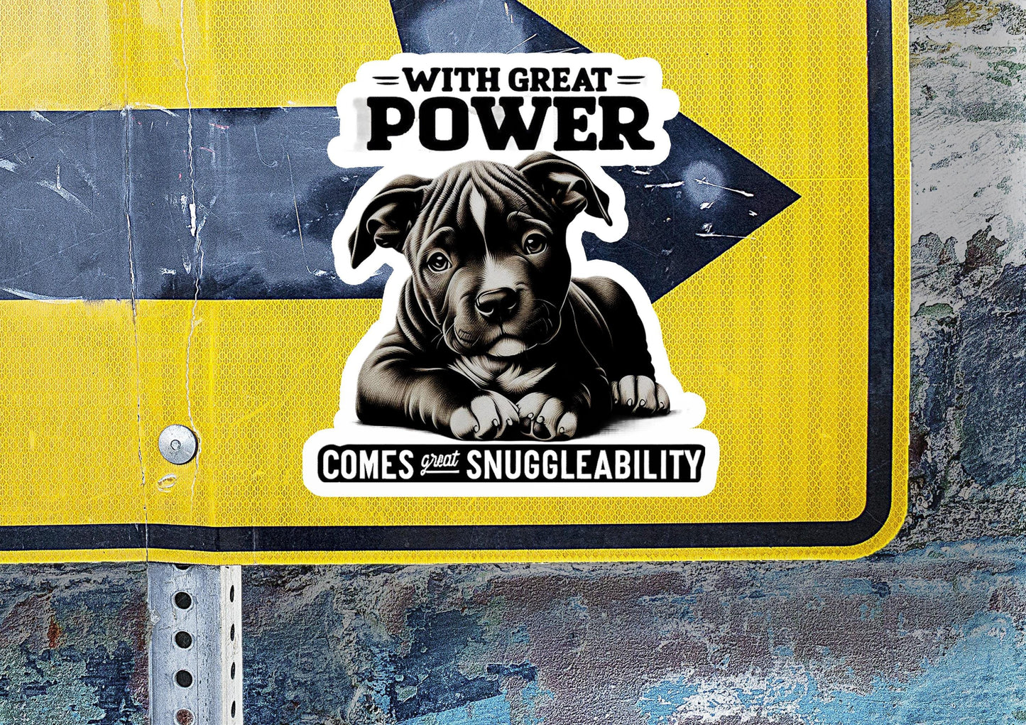 a sticker of a dog on a street sign