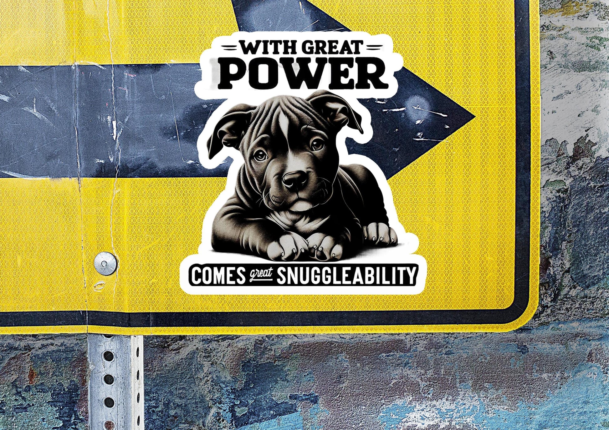 a sticker of a dog on a street sign