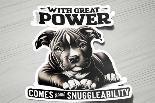 a sticker of a dog with the words, with great power comes from smug