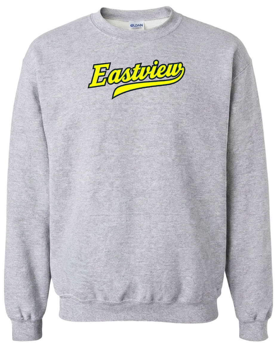 A gray sweatshirt with a yellow text logo on the front.