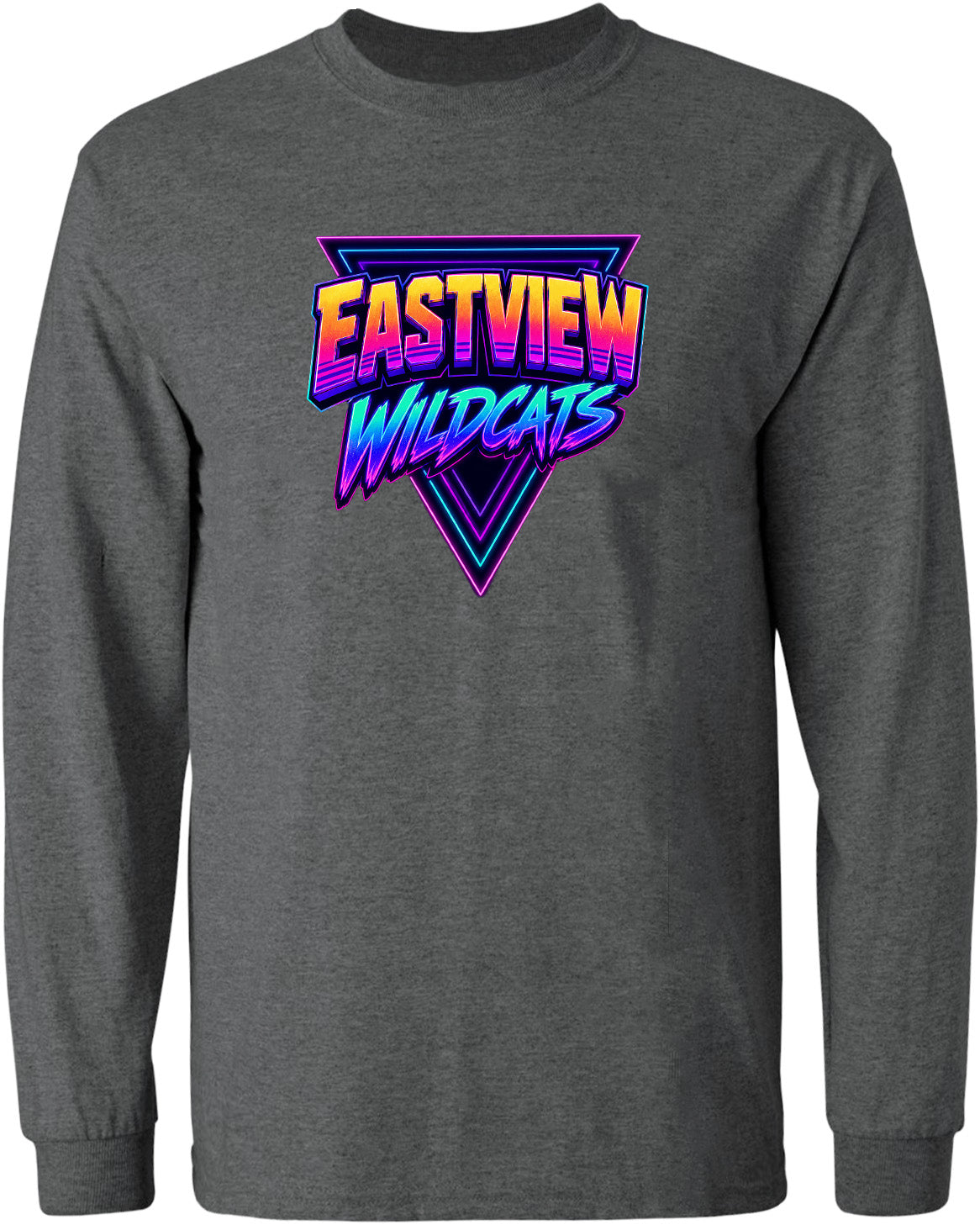 A gray long-sleeved shirt with a graphic design featuring the text "EASTVIEW WILDCATS" in a retro, neon-style font.