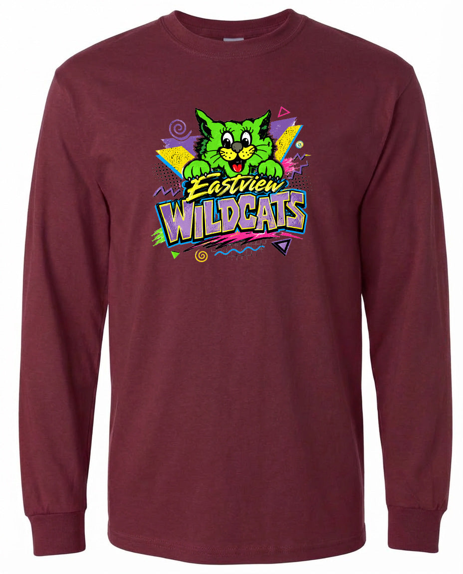 A burgundy long-sleeved t-shirt with a colorful graphic design featuring a cartoon cat and the text "Eastview Wildcats".