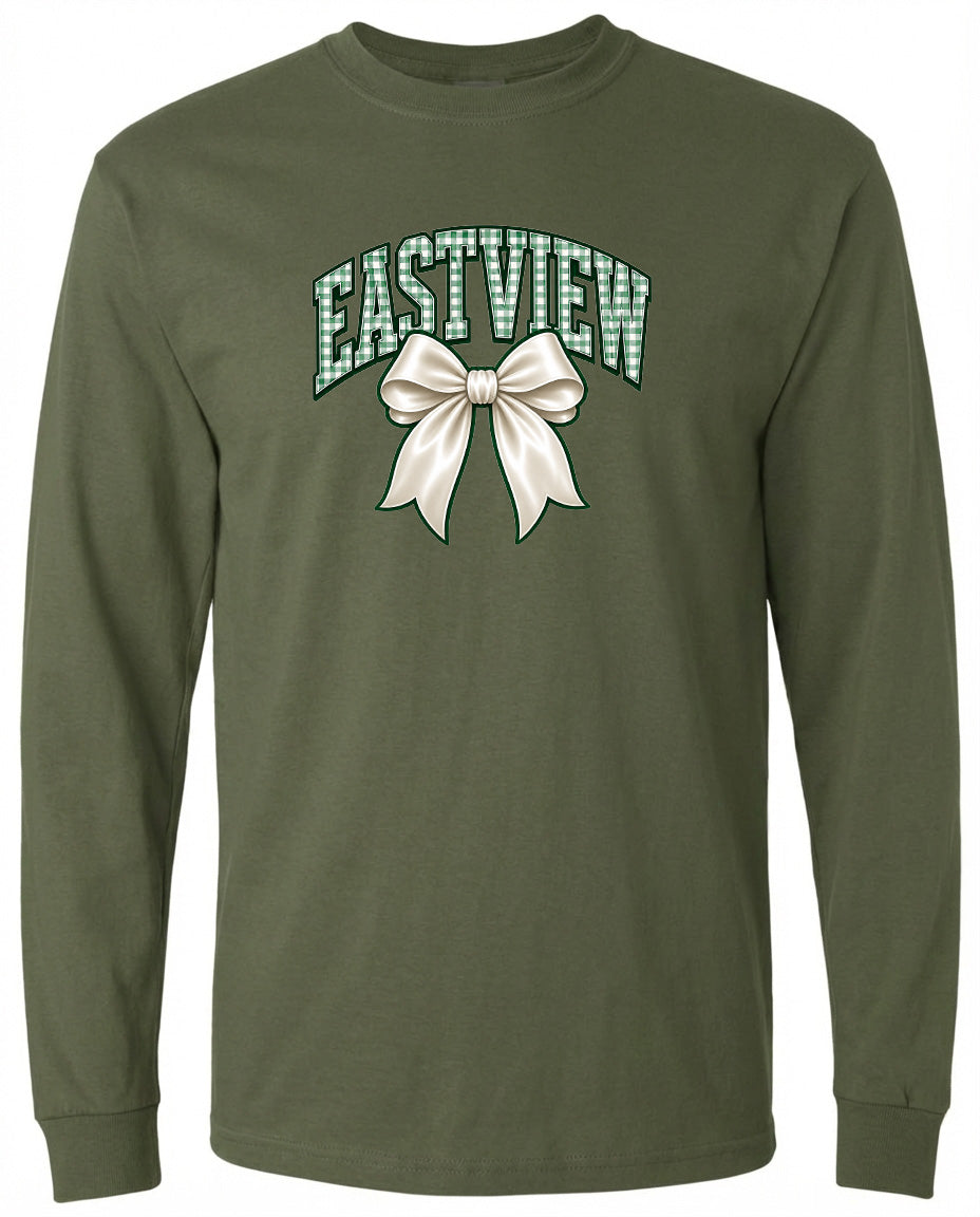 A long-sleeved olive green t-shirt with a graphic design on the front. The design features a white bow and the text "EASTVIEW" written in a stylized font.
