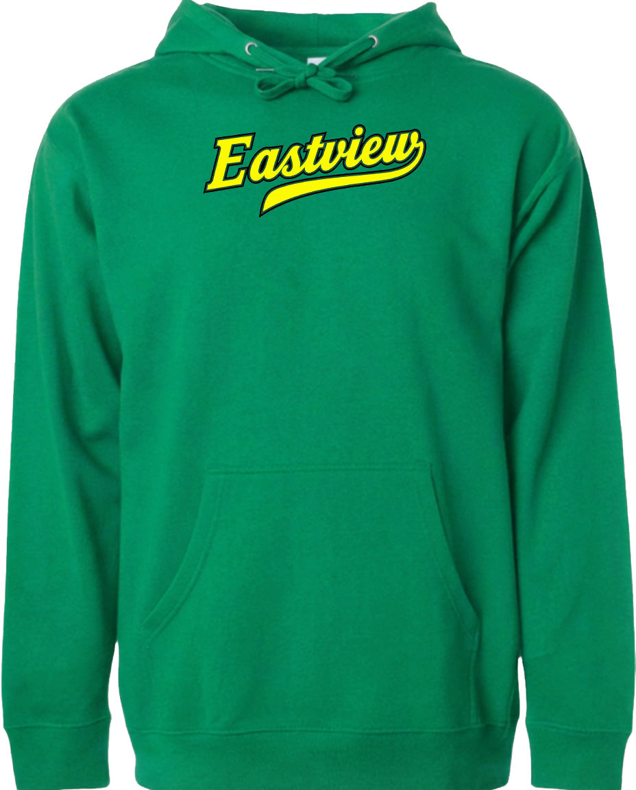 A bright green hoodie with the word "Eastview" printed on it in yellow text.