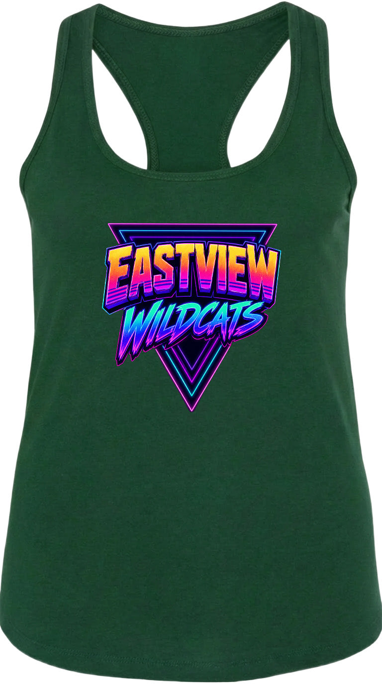 A green tank top with a graphic design featuring the text "EASTVIEW WILDCATS" in a colorful, retro-style font.