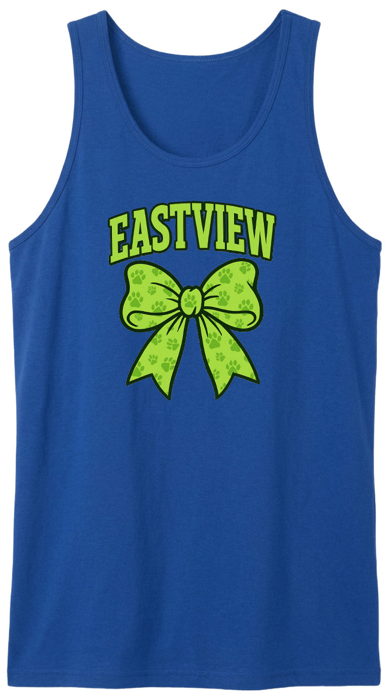 A blue tank top with a green bow and the word "EASTVIEW" printed on it.