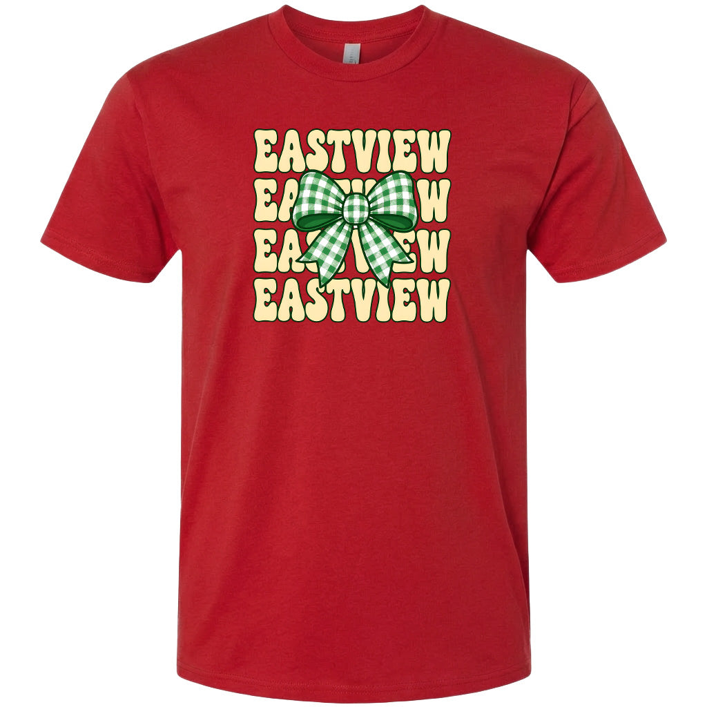 A red t-shirt with a graphic design featuring the word "EASTVIEW" repeated in a vertical pattern, with a green and white checkered bow in the center.
