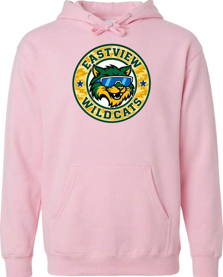 A pink hoodie with a graphic of a cat wearing sunglasses and the text "EASTVIEW WILDCATS" printed on it.