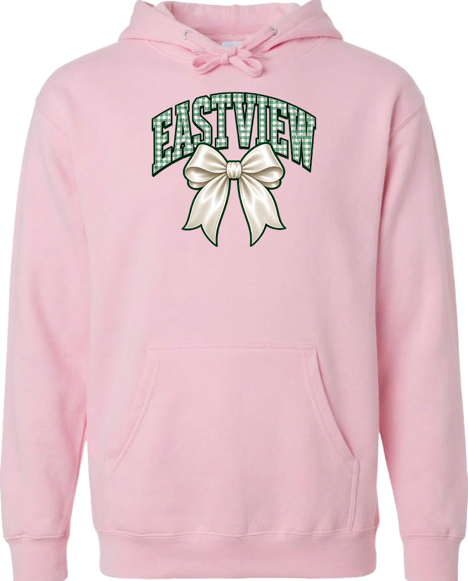 A pink hoodie with a graphic design on the front, featuring a bow and the word "EASTVIEW" written above it.