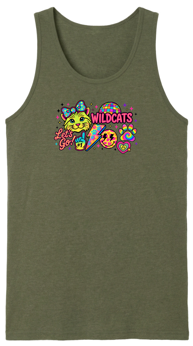 A green tank top with a colorful graphic design featuring a cartoon cat, a lightning bolt, and various other elements.