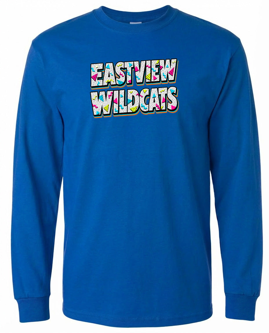 A blue long-sleeved t-shirt with the text "EASTVIEW WILDCATS" printed on it.