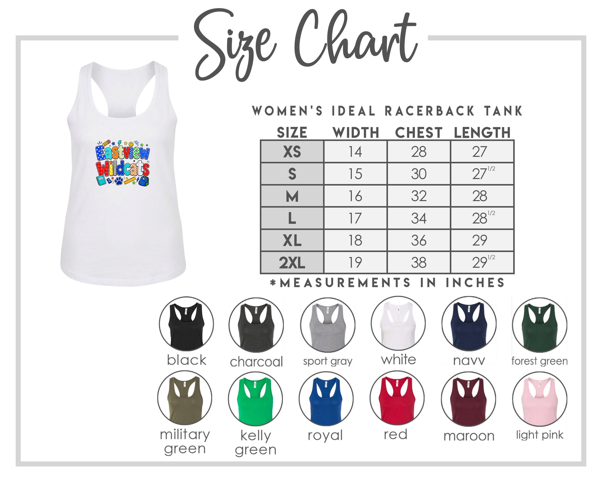 The image is a size chart for a women's ideal racerback tank, including a white tank with a colorful design and a table with size and chest length measurements.