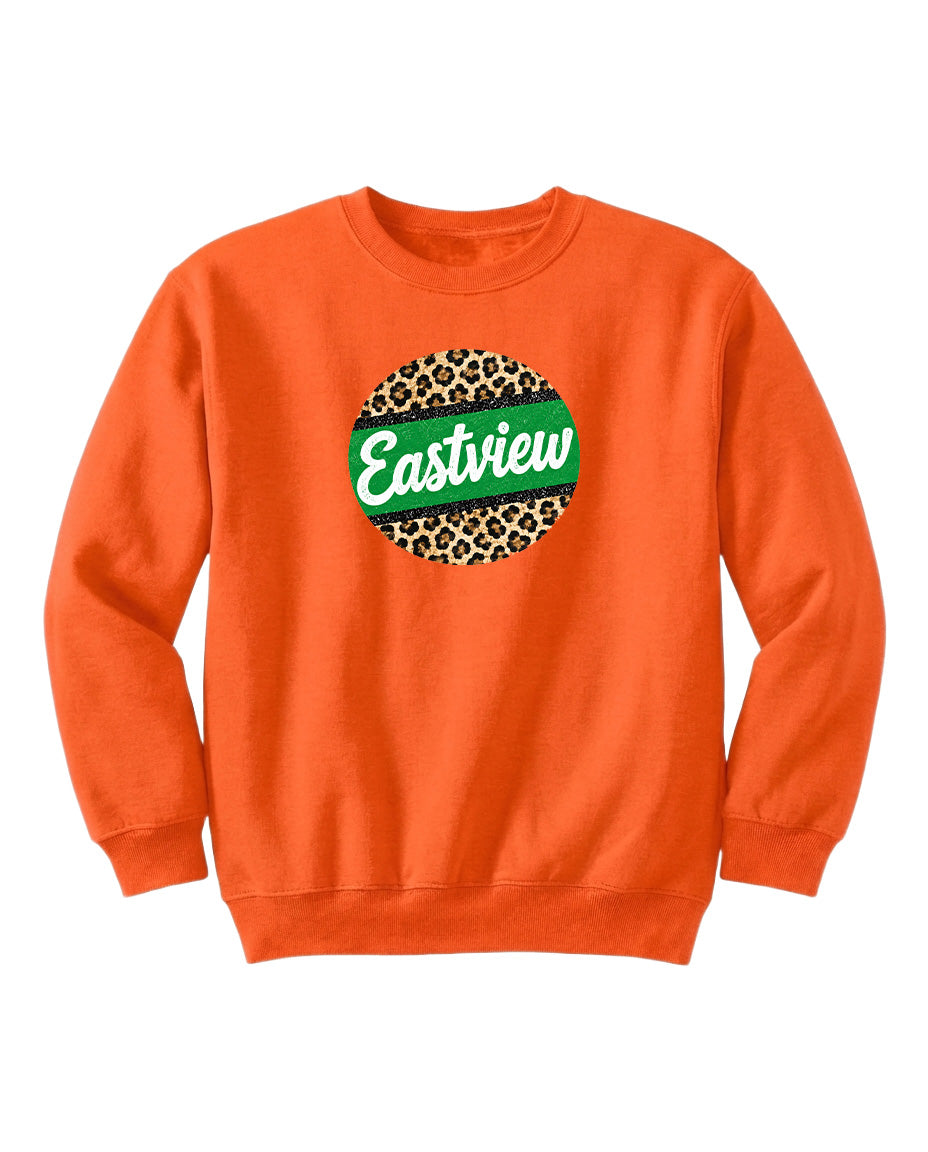 An orange sweatshirt with a leopard print design and the word "Eastview" printed on it.