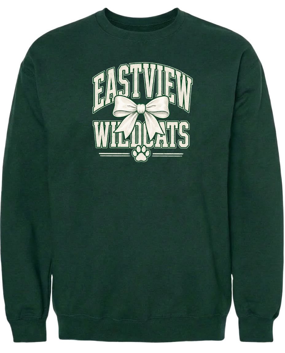 A dark green sweatshirt with the text "EASTVIEW WILDCATS" printed on it, along with a white bow and paw print.