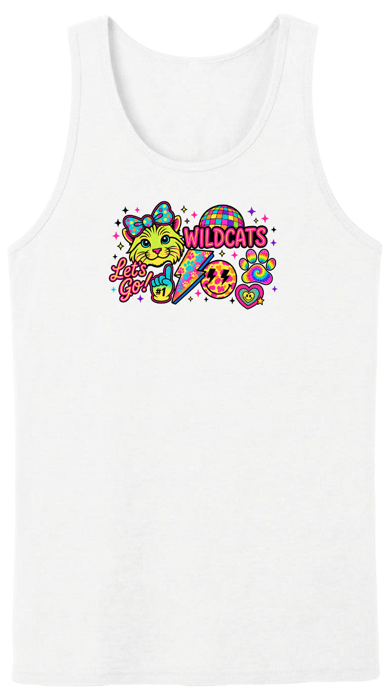 A white tank top with a colorful graphic design featuring a cat, a lightning bolt, and various other elements.