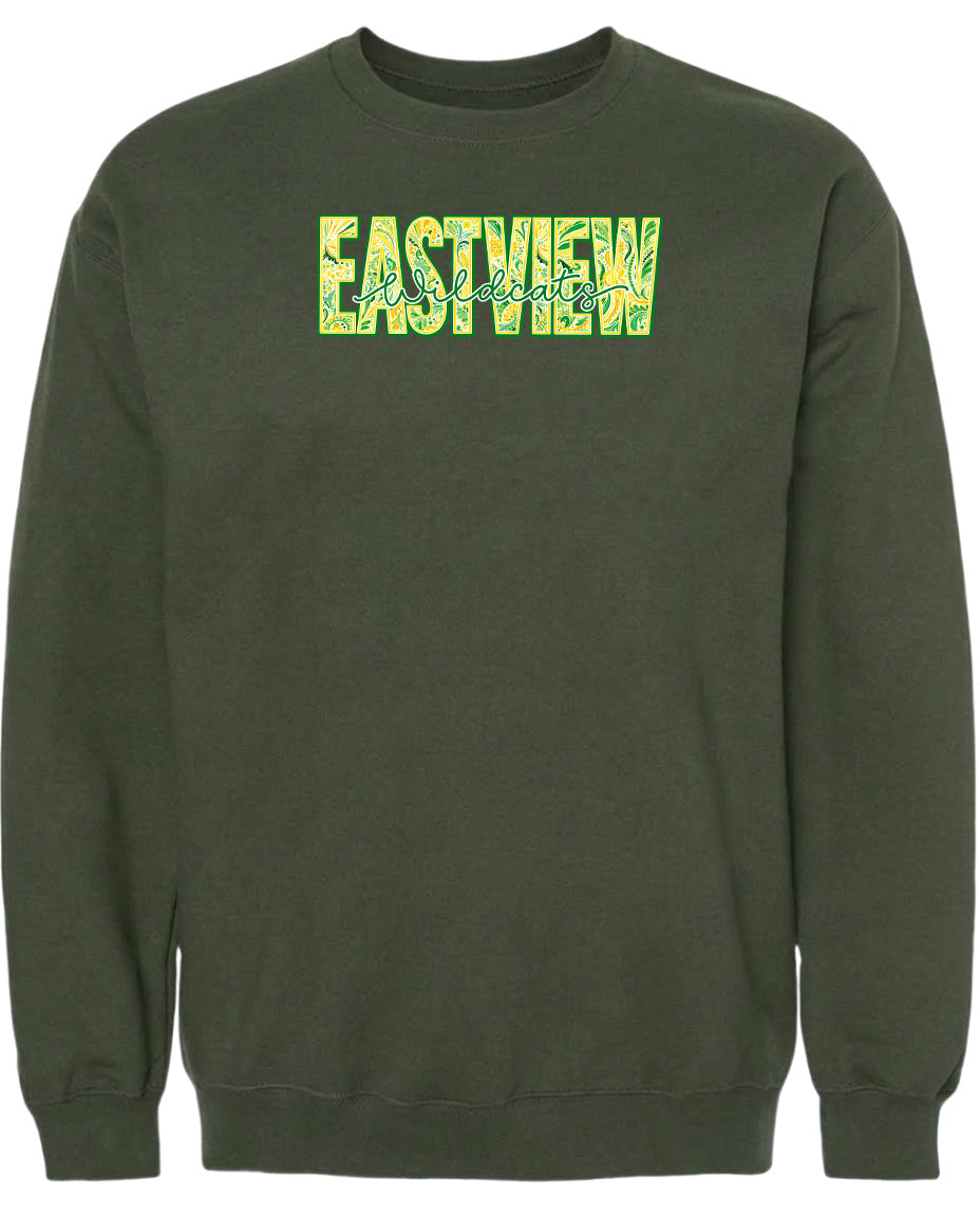 A dark green sweatshirt with the word "EASTVIEW" printed on it in a stylized font.