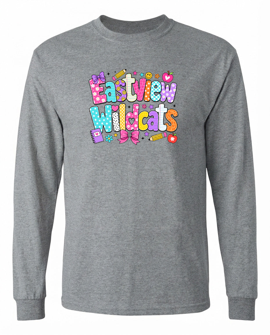 A gray long-sleeved shirt with a colorful graphic design featuring the text "Eastview Wildcats" in a playful, cartoon-like font.