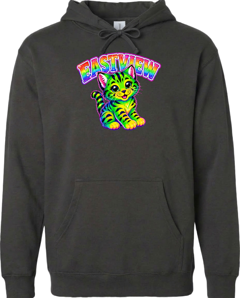 A hoodie with a colorful graphic of a cat and the text "EASTVIEW" printed on it.