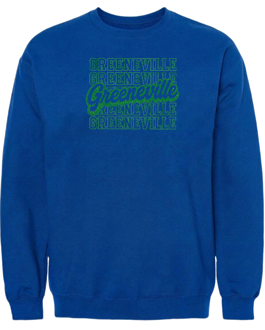 A blue sweatshirt with the text "Greenville" printed in green on it.