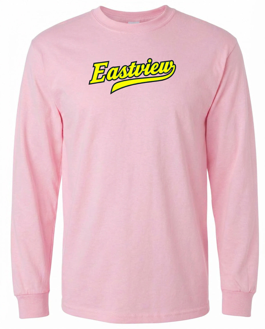 A pink long-sleeved t-shirt with the word "Eastview" printed in yellow on the front.