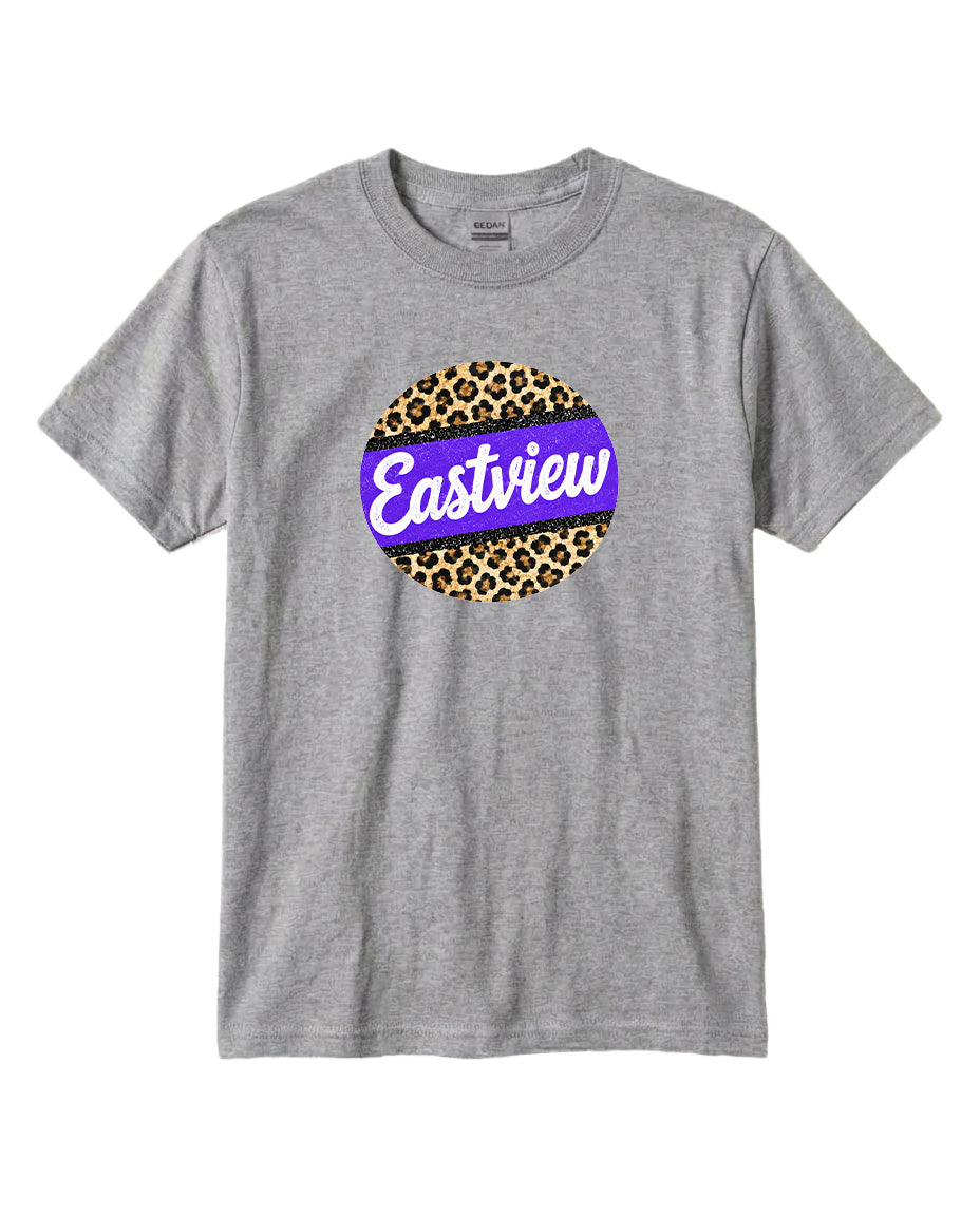 A gray t-shirt with a circular graphic design on the front. The design consists of a purple circle with a leopard print pattern, and the word "Eastview" written in white cursive letters inside the purple circle.