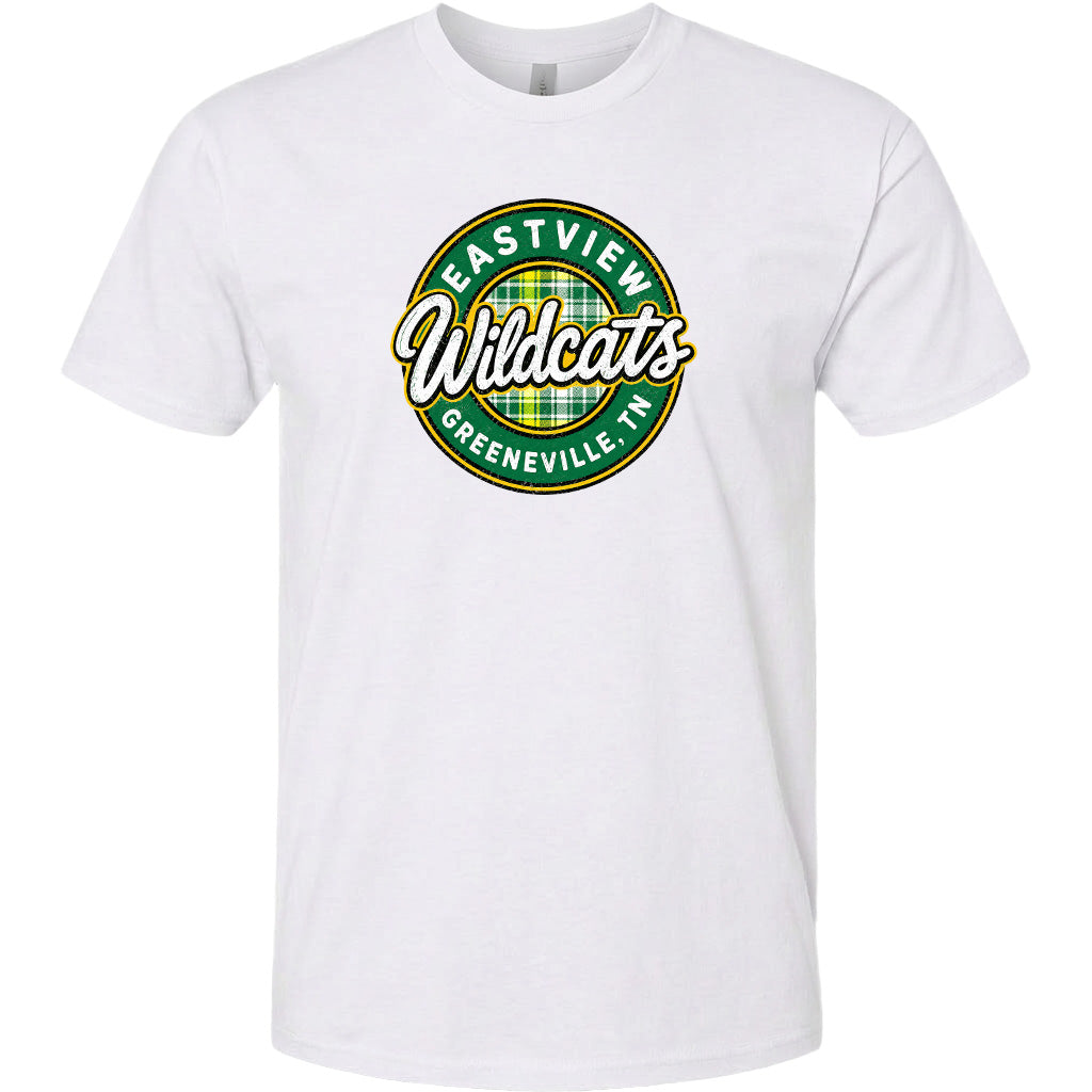 A white t-shirt with a circular logo that says "EASTVIEW Wildcats Greeneville, TN".