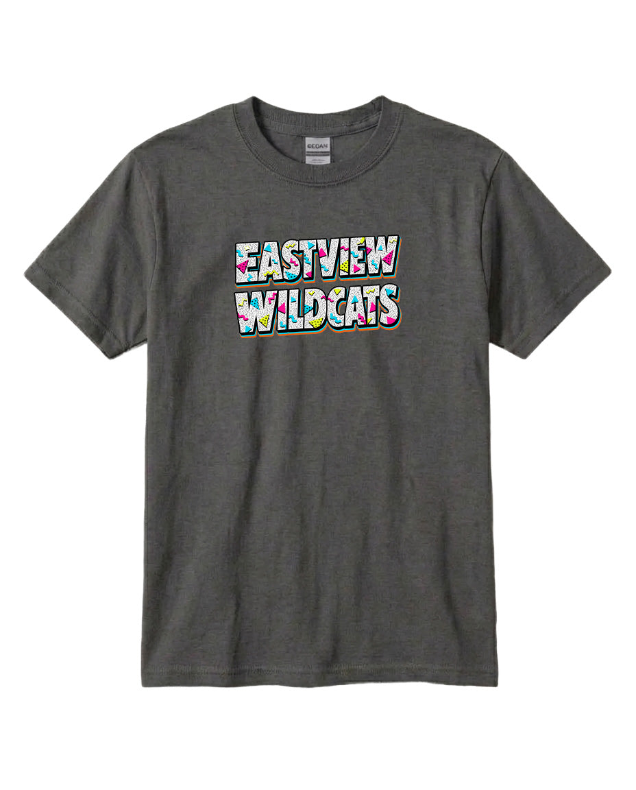 A gray t-shirt with the text "EASTVIEW WILDCATS" printed on it in a colorful, stylized font.
