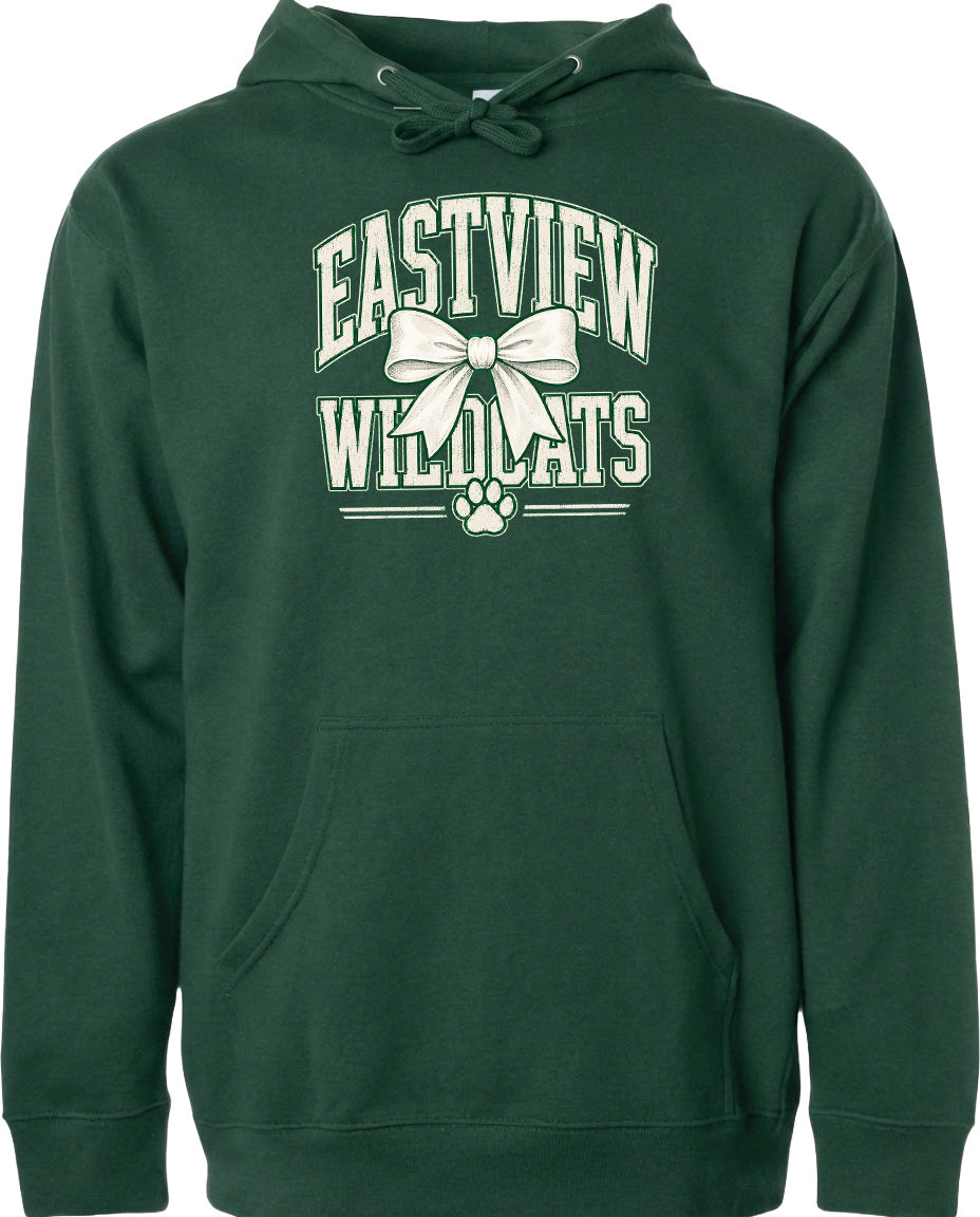 A dark green hoodie with white text and a bow graphic printed on it.