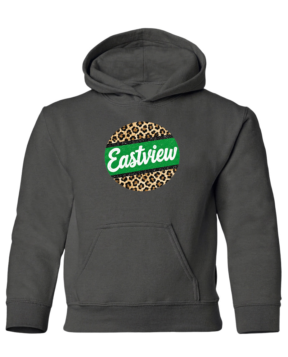 A gray hoodie with a leopard print design and the word "Eastview" printed on it.