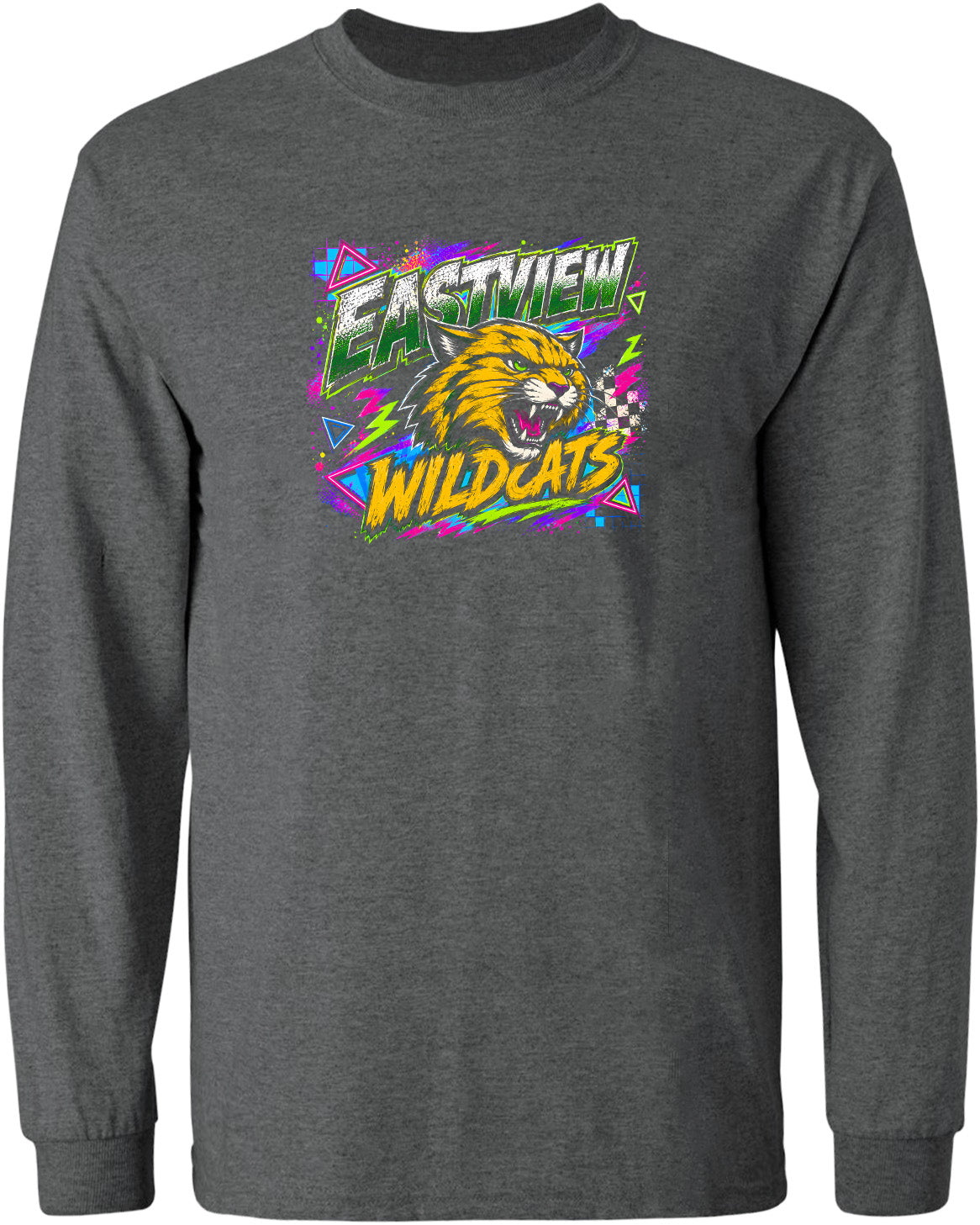 A gray long-sleeved t-shirt with a graphic design featuring a yellow and orange wildcat's head surrounded by colorful geometric shapes and text.