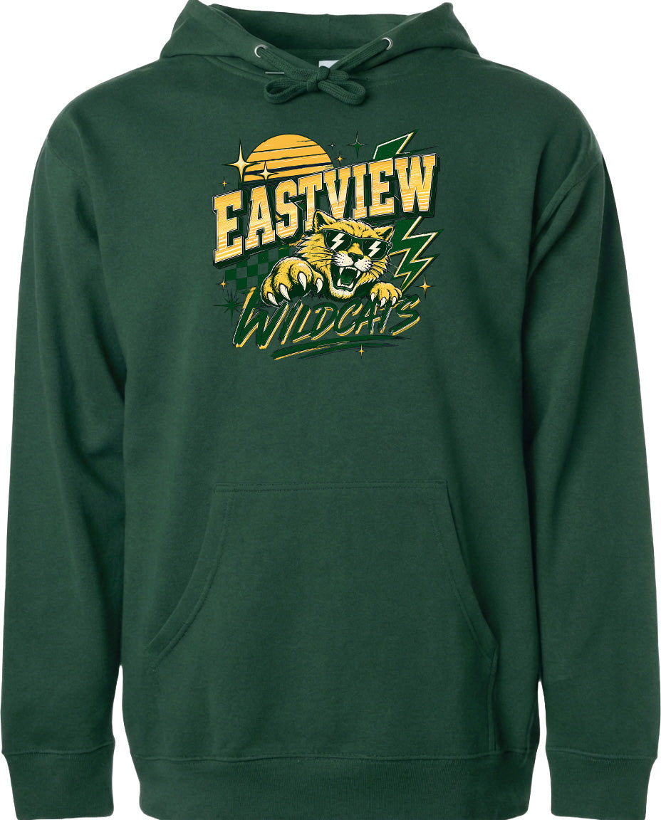 A green hoodie with a graphic design featuring a tiger and the text "EASTVIEW WILDCATS" printed on it.