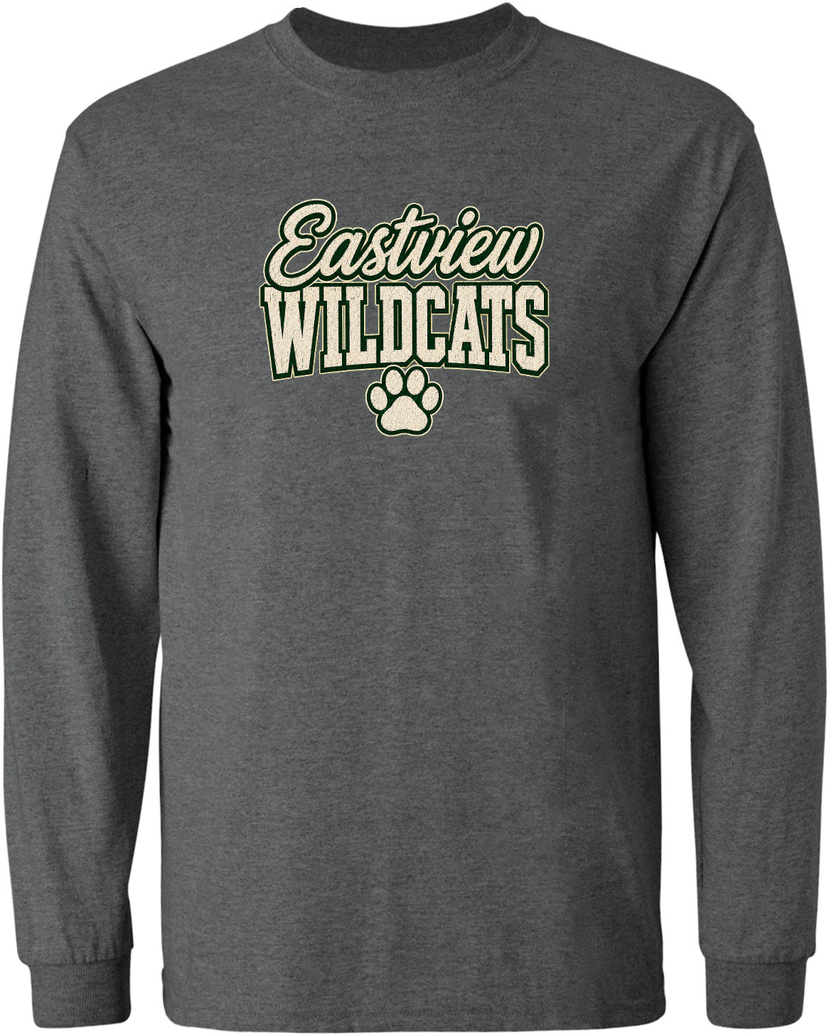 A gray long-sleeved t-shirt with the text "Eastview Wildcats" printed on it.
