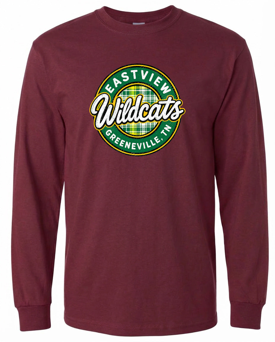 A burgundy long-sleeved t-shirt with a graphic design featuring the text "EASTVIEW Wildcats Greeneville, IN" in a circular pattern.