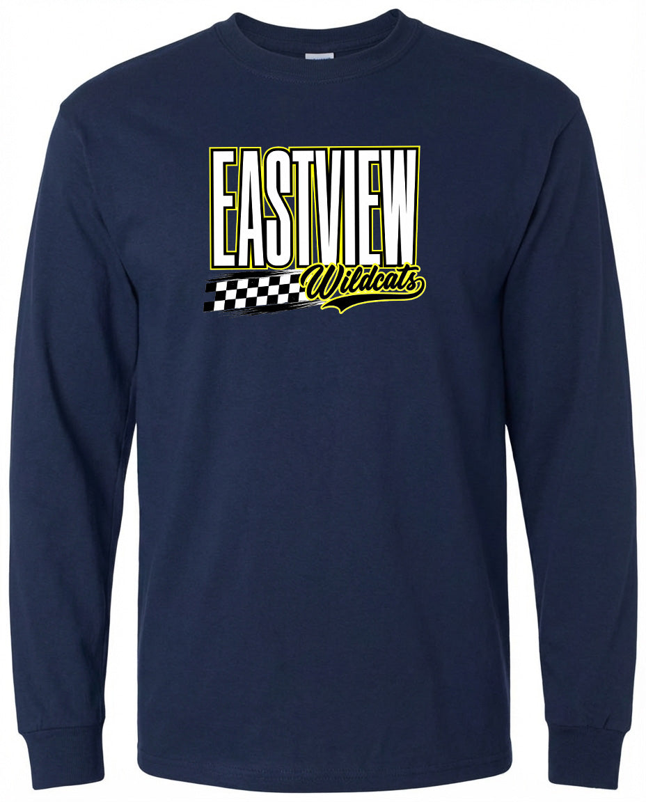 A navy blue long-sleeved shirt with a graphic design featuring the text "EASTVIEW Wildcats" in a stylized font.