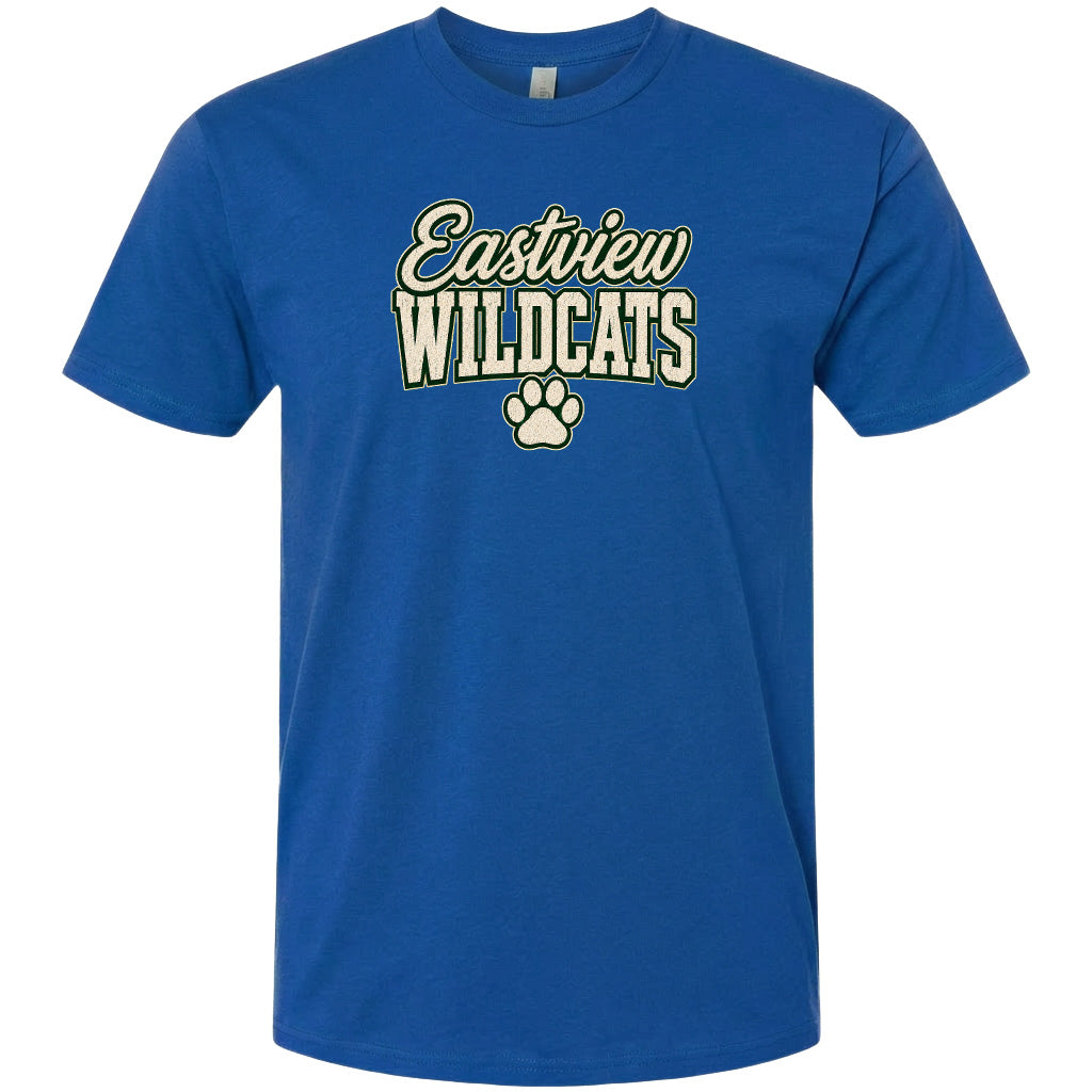 A blue t-shirt with the text "Eastview Wildcats" printed on it.