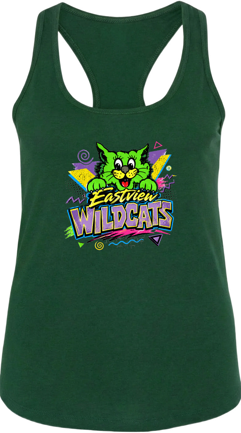 A green tank top with a colorful graphic design featuring a cartoon cat and the text "Eastview Wildcats".
