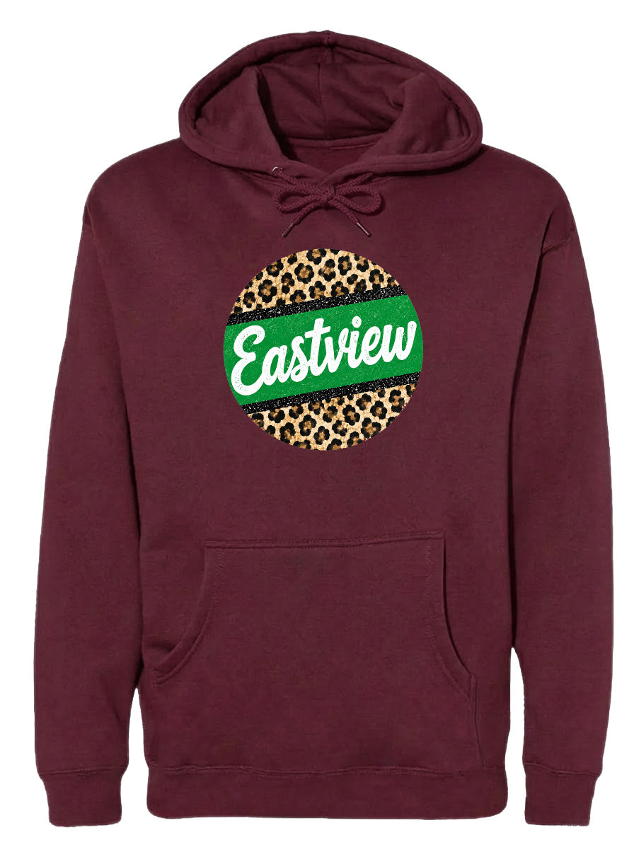 A burgundy-colored hoodie with a leopard print design and the word "Eastview" printed on it.