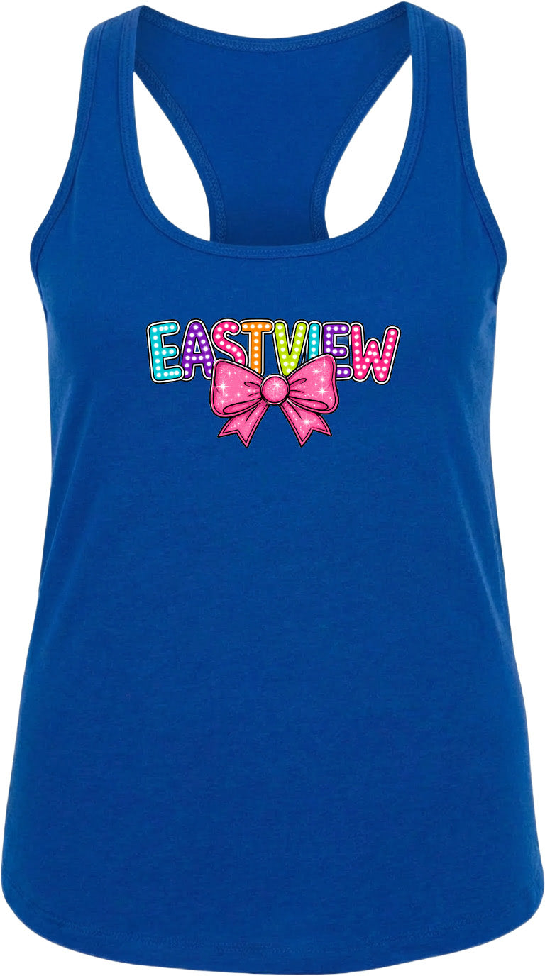 A blue tank top with the word "EASTVIEW" printed on it, along with a bow graphic.