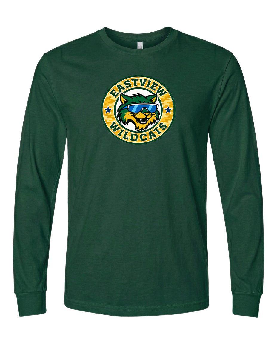 A green long-sleeved t-shirt with a graphic design featuring a cartoon-like wildcat wearing sunglasses and the text "EASTVIEW WILDCATS" printed on it.