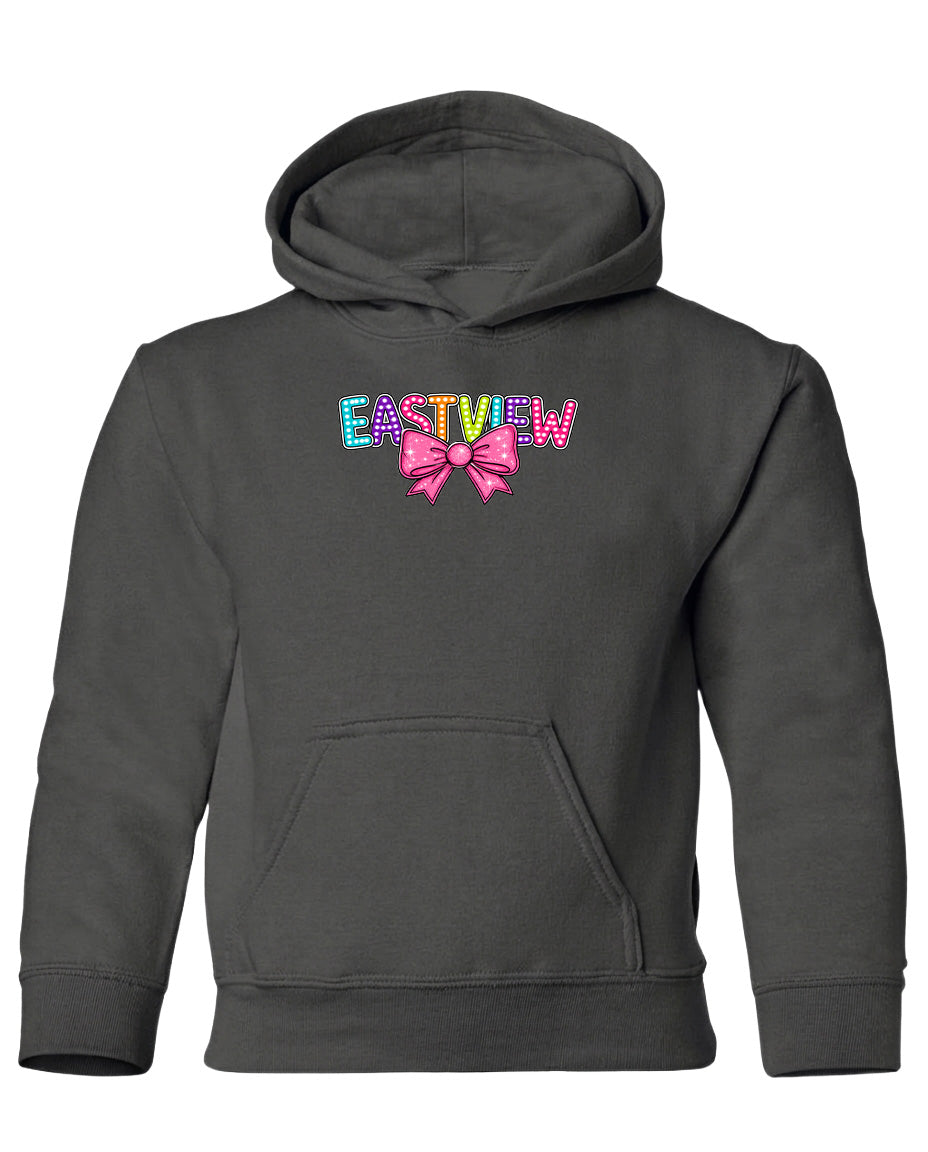 A gray hoodie with the word "EASTVIEW" printed on it, along with a bow design.