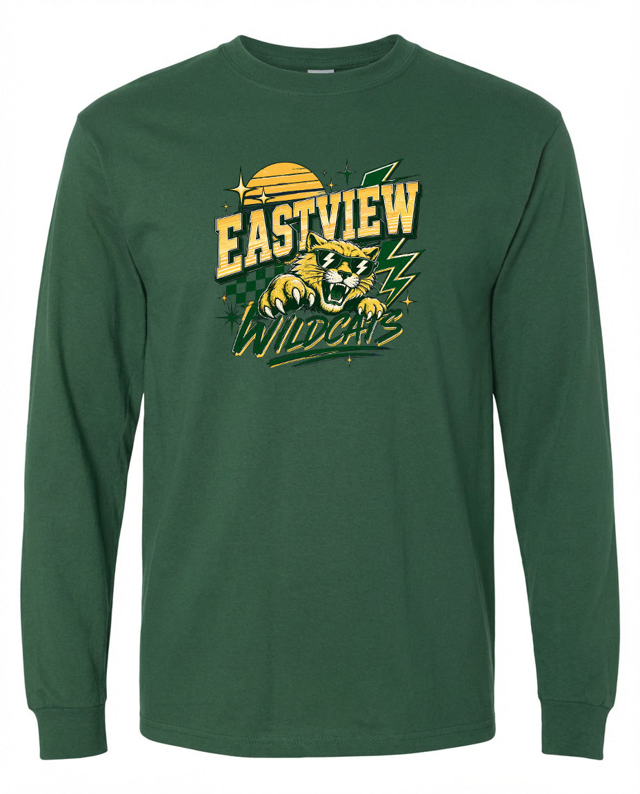 A green long-sleeved t-shirt with a graphic design featuring a panther and the text "EASTVIEW WILDCATS".