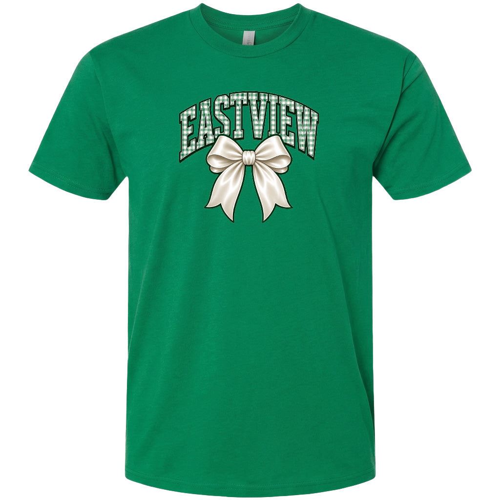 A green t-shirt with a white bow and the word "EASTVIEW" printed on it.