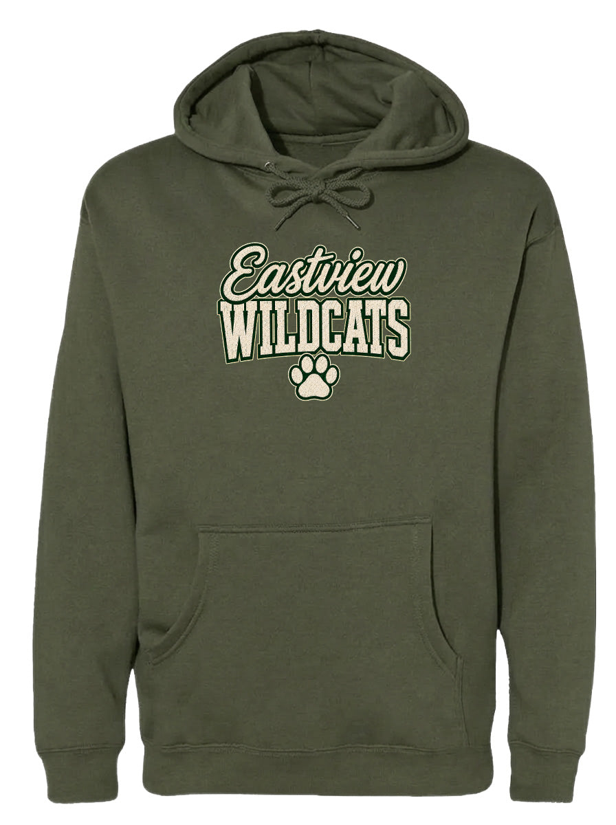 A dark green hoodie with the text "Eastview Wildcats" printed on it.