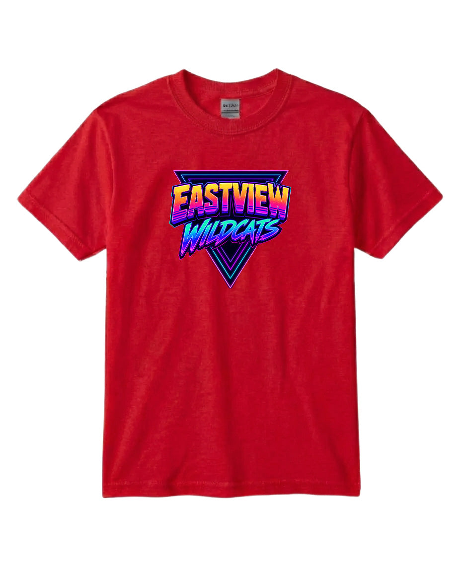 A red t-shirt with a graphic design featuring the text "EASTVIEW WILDCATS" in a stylized font.