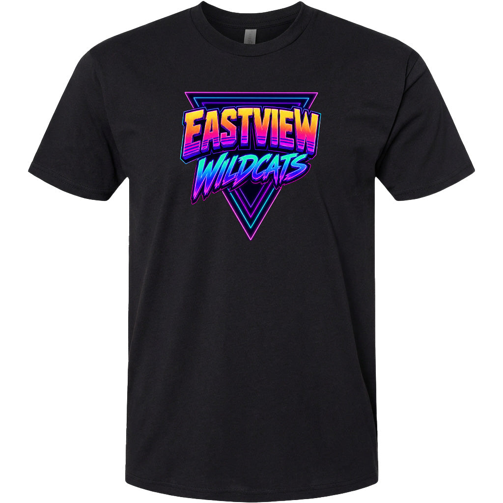 A black t-shirt with a graphic design featuring the text "EASTVIEW WILDCATS" in a colorful, neon-like font.